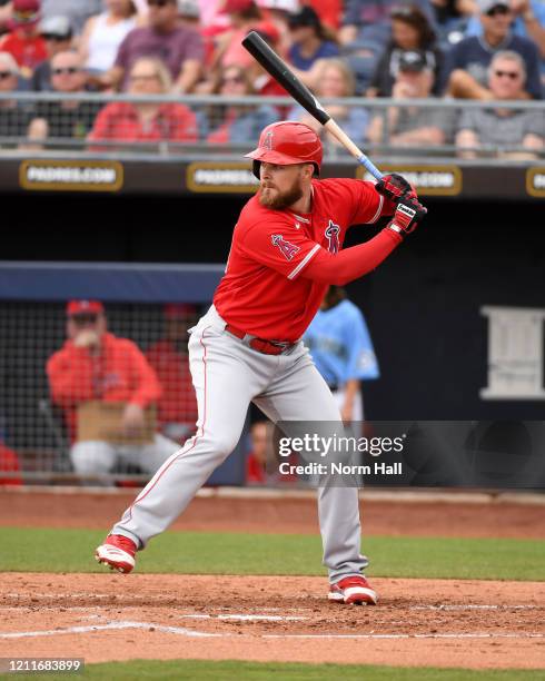 Jared Walsh of the Los Angeles Angels gets ready in the batters box during a spring training game against the Seattle Mariners at Peoria Stadium on...