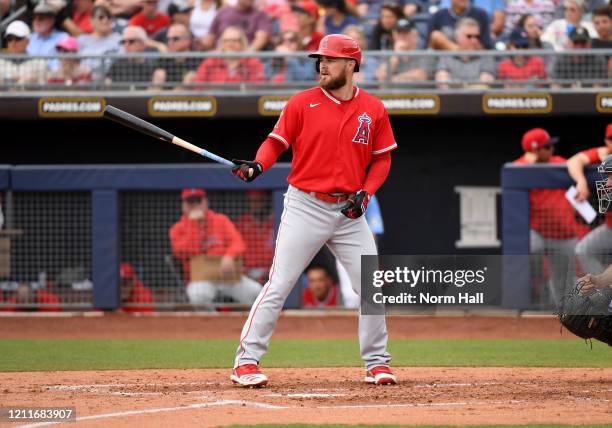 Jared Walsh of the Los Angeles Angels gets ready in the batters box during a spring training game against the Seattle Mariners at Peoria Stadium on...