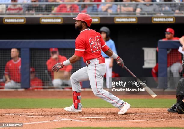 Arismendy Alcantara of the Los Angeles Angels follows through on a swing during a spring training game against the Seattle Mariners at Peoria Stadium...