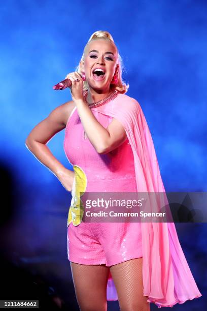 Katy Perry performs during the ICC Women's T20 Cricket World Cup Final between India and Australia at the Melbourne Cricket Ground on March 08, 2020...