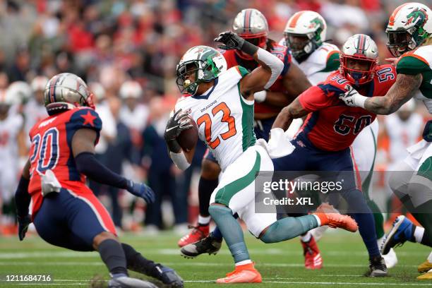 Trey Williams of the Seattle Dragons carries the ball during the XFL game against the Houston Roughnecks at TDECU Stadium on March 7, 2020 in...