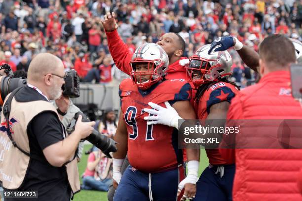 Gabe Wright of the Houston Roughnecks reacts to a play during the XFL game against the Seattle Dragons at TDECU Stadium on March 7, 2020 in Houston,...