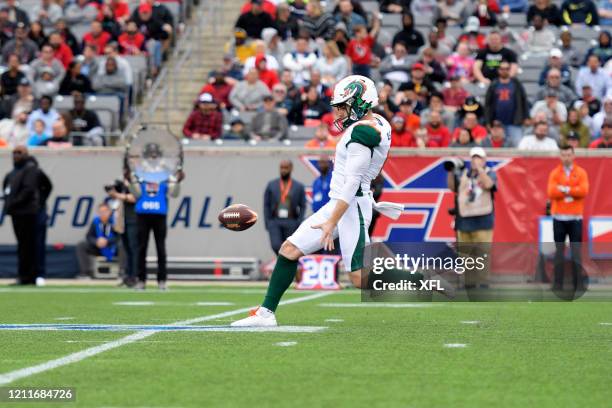 Brock Miller of the Seattle Dragons punts the ball during the XFL game against the Houston Roughnecks at TDECU Stadium on March 7, 2020 in Houston,...