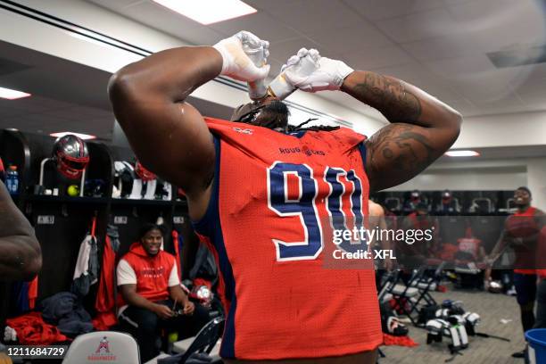 Johnny Maxey of the Houston Roughnecks celebrates with Bud Light Seltzer after the XFL game against the Seattle Dragons at TDECU Stadium on March 7,...