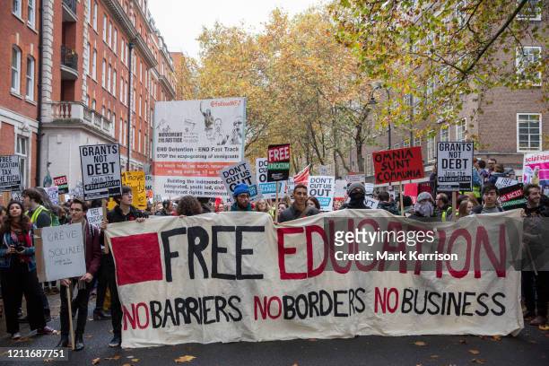 Thousands of students assemble behind a banner for a National Demonstration for a Free Education on 4th November 2015 in London, United Kingdom. The...