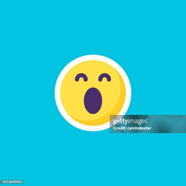 emoticon aufkleber auf blauem schwarzgeschanden flachen design - yawn stock-grafiken, -clipart, -cartoons und -symbole