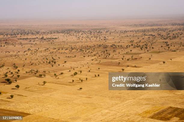 Aerial view of the dry Sub-Saharan landscapes with fields near Mopti in Mali, West Africa.