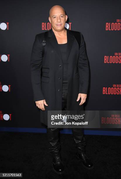 Vin Diesel attends the premiere of Sony Pictures' "Bloodshot" on March 10, 2020 in Los Angeles, California.