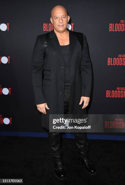 Vin Diesel attends the premiere of Sony Pictures' "Bloodshot" on March 10, 2020 in Los Angeles, California.