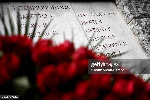 General view shows a detail of the monument dedicated to commemorate the Superga tragedy with names of some players died in the air disaster. On May...