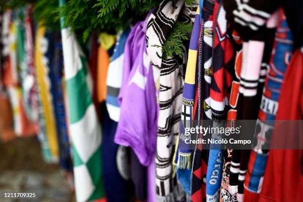 Scarves of many football teams are seen near the monument dedicated to commemorate the Superga tragedy. On May 4 an airplane carrying the Grande...