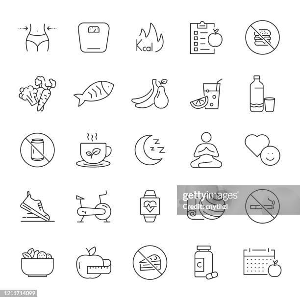 stockillustraties, clipart, cartoons en iconen met set van dieet, gezondheid voeding en gezonde levensstijl gerelateerde line iconen. bewerkbare beroerte. eenvoudige overzichtspictogrammen. - antioxidant