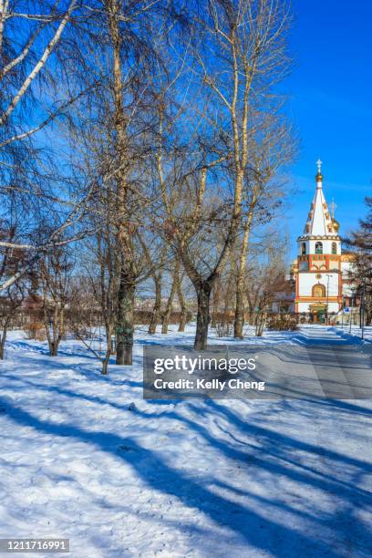 tree-lined path leading to the epiphany cathedral of irkutsk - siberia imagens e fotografias de stock