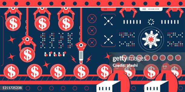 group of engineers (financial advisor, businessman) work in a factory with production line that shows a row of dollar sign currency coins - legislation change stock illustrations