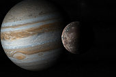 Jupiter planet and Callisto moon in the outer space. 3d render