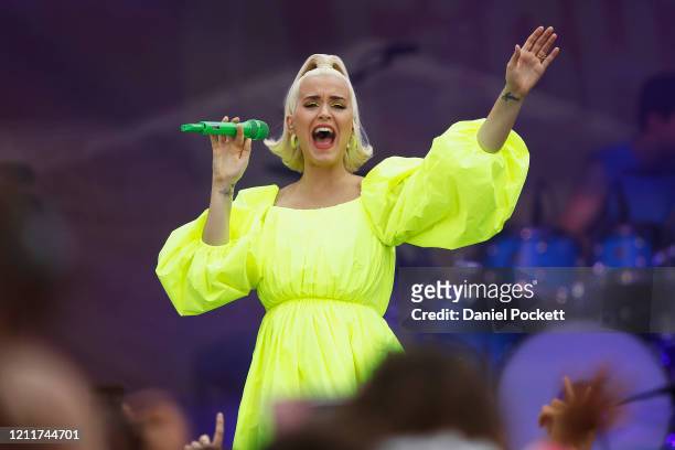 Katy Perry performs on March 11, 2020 in Bright, Australia. The free Fight On concert was held for for firefighters and communities recently affected...