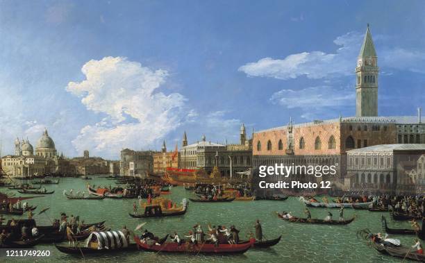 Painting, Giovanni Antonio Canal Canaletto Italian school The Bucintoro preparing to leave the Molo on Ascension Day 18th century Venice, Italy.