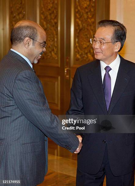 Chinese Premier Wen Jiabao meets with Ethiopian Prime Minister Meles Zenawi at the Great Hall of the People meet on August 15, 2011 in Beijing,...