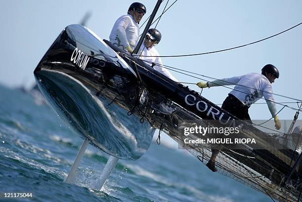 Energy Team skippered by Yann Guichard sails during the AC World Series Championship in the 7th day of the America's Cup World Race in Cascais, close...