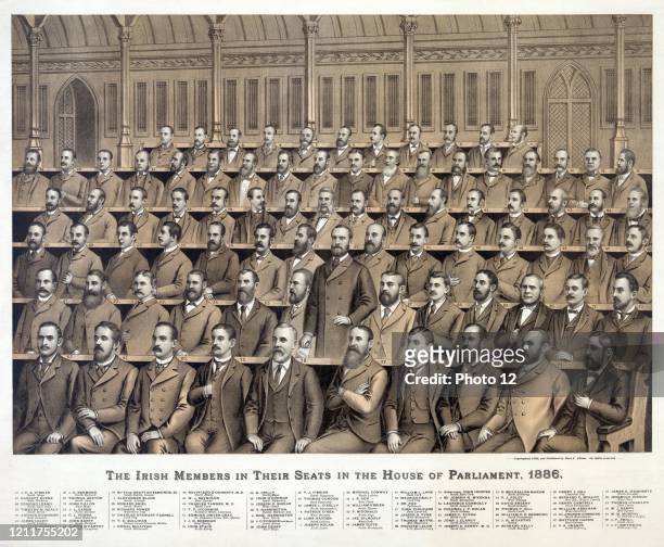 Irish members in their seats in the House of Parliament; 1886 from back to front; 1. Alexander Blane; 2. J.D. Sheehan; 3. Sir Joseph N. M'Kenna; 4....