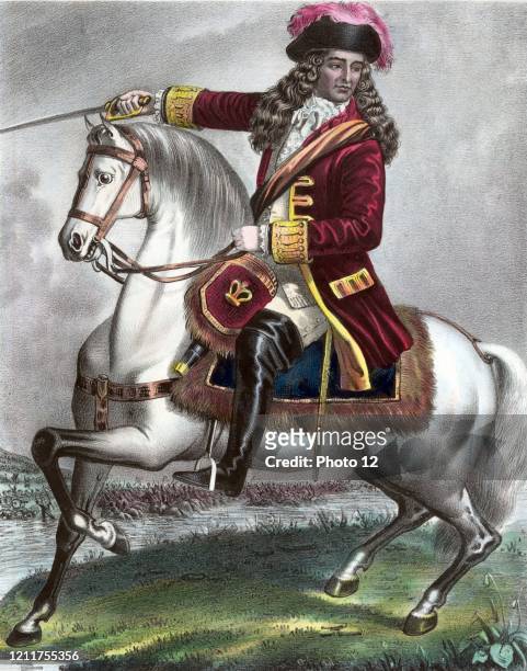 William of Orange, shown riding a horse. William III fought the Catholics at The Battle of Boyne. Dated around 1690.