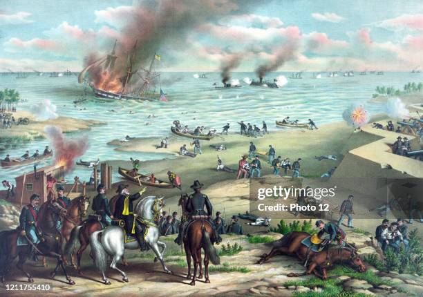 Coloured scene of The Battle of Fredericksburg, fought in December 1862, Fredericksburg, Virginia. Scene shows the battle taken place on the beach,...