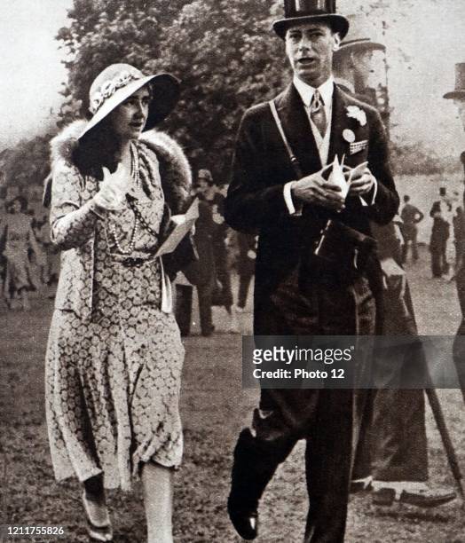 Photograph of Prince Albert Frederick Arthur George and Lady Elizabeth walking on the lawns of Ascot. Dated 20th Century.