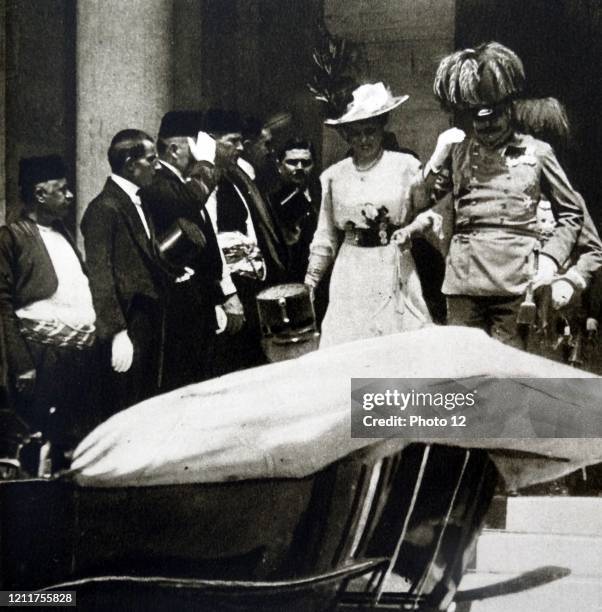 Photograph of Archduke Franz Ferdinand of Austria and his wife Sophie, Duchess of Hohenberg leaving the Sarajevo Senate, five minutes before he they...