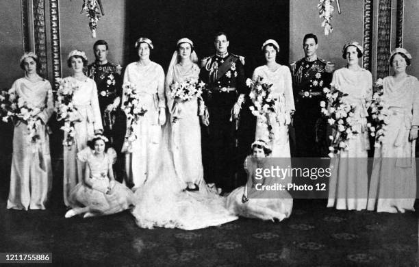 Photograph of the wedding of Prince George, Duke of Kent and Princess Marina of Greece and Denmark . Also pictured is Prince Albert Frederick Arthur...