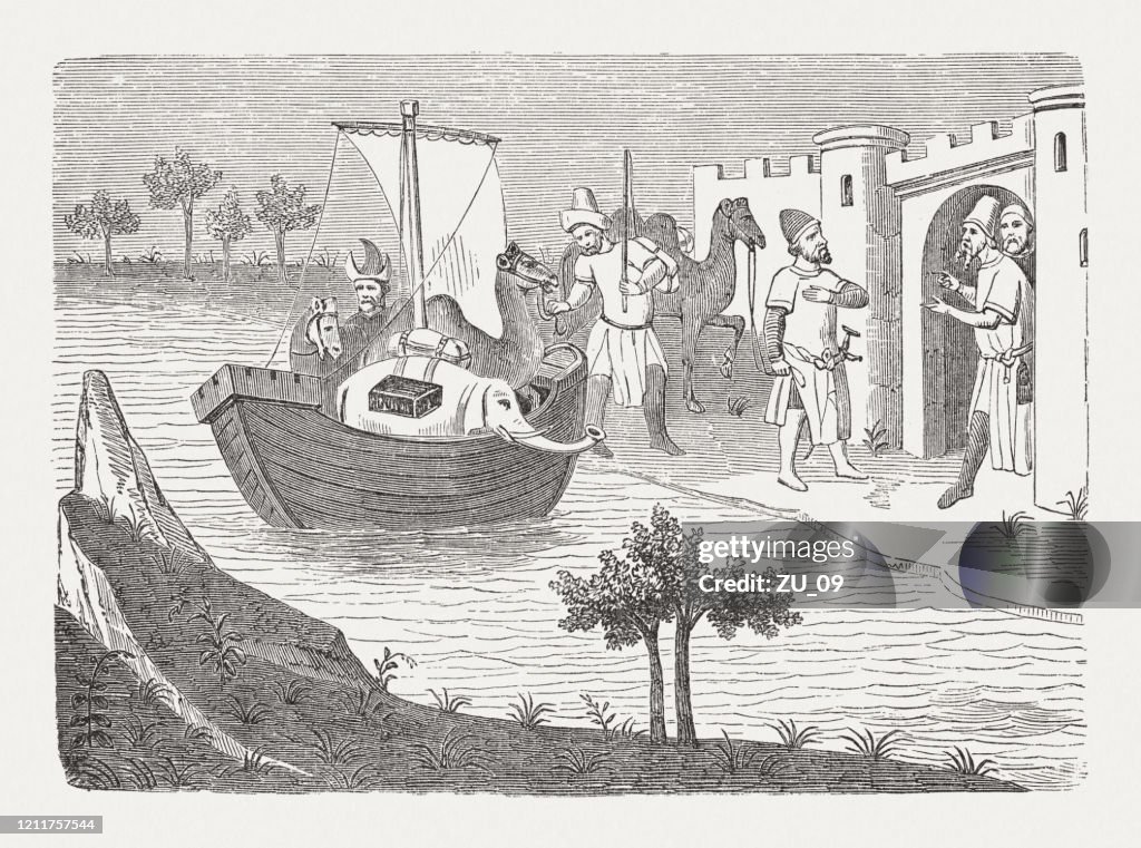 Arrival of Marco Polo on Hormuz, wood engraving, published 1888