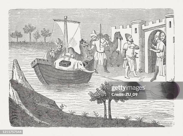 arrival of marco polo on hormuz, wood engraving, published 1888 - elephant water stock illustrations