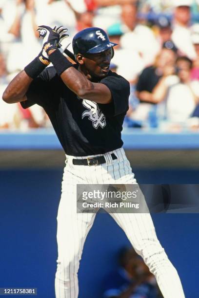 Michael Jordan of the Chicago White Sox bats during a spring training game at Ed Smith Stadium in 1994 in Sarasota, Florida.