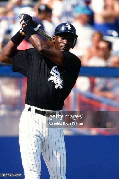 Michael Jordan of the Chicago White Sox gets ready to bat during a spring training game at Ed Smith Stadium in 1994 in Sarasota, Florida.