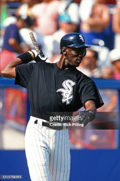 Michael Jordan of the Chicago White Sox gets ready to bat during a spring training game at Ed Smith Stadium in 1994 in Sarasota, Florida.