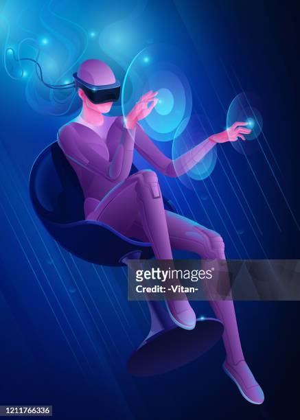 woman in virtual reality helmet touches virtual interface buttons with her hands. vector image of modern technologies for communication, games, creativity. banner in blue tones. - virtual reality stock illustrations