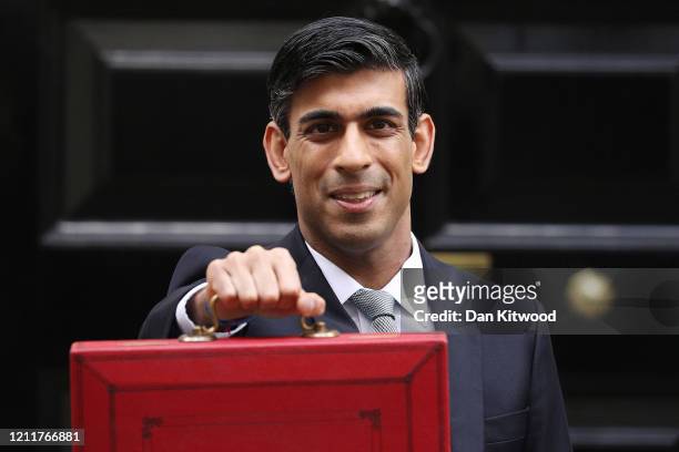 Rishi Sunak, Chancellor of the Exchequer departs to deliver the annual Budget at Downing Street on March 11, 2020 in London, England. The government...