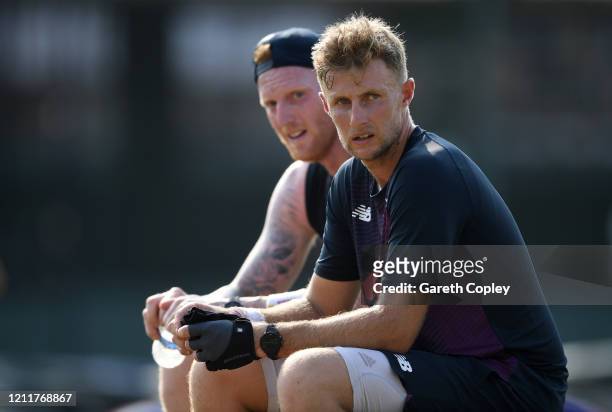 England captain Joe Root and Ben Stokes during a nets session at the P Sara Oval on March 11, 2020 in Colombo, Sri Lanka.