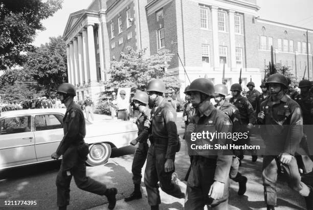 National Guard troops deployed to the University of Alabama to force its desegregation, Tuscaloosa, Alabama, US, 11th June 1963.