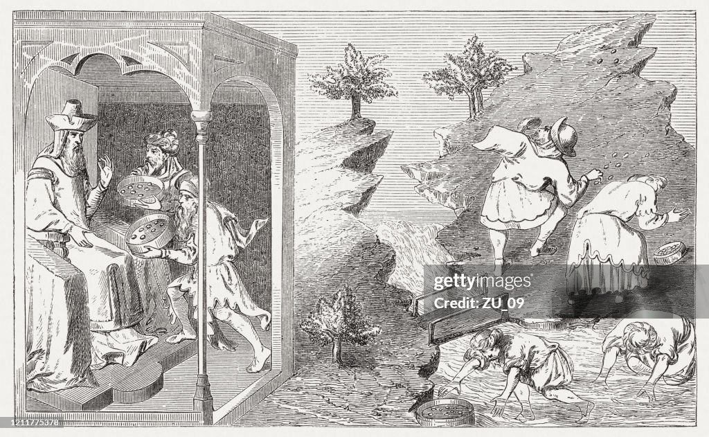 Kublai Khan (1216-1294) och pärlfiskare, trägravyr, publicerad 1888