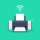 Printer icon with wifi wireless symbol or ink jet fax wi-fi print technology pictogram flat cartoon vector illustration isolated, modern design laser-jet clipart image