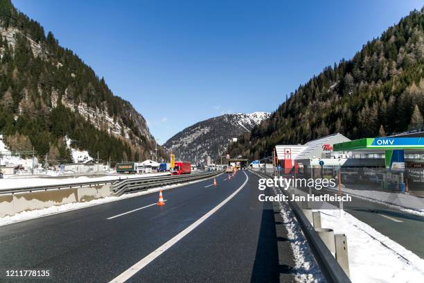 An emty highway after the border between Austria and Italy at Brenner Pass border crossing has been closed on March 11, 2020 near Matrei am Brenner,...