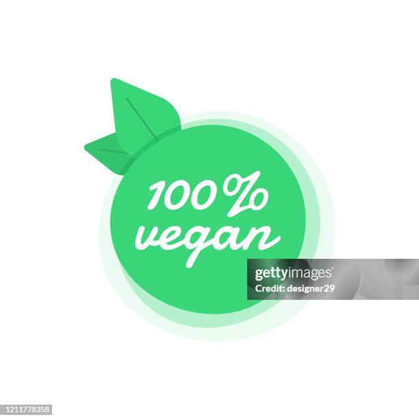 100 % vegan label, abzeichen und tag icon vector design. vegetarische stempel und natürliche lebensmittel konzept illustration auf weißem hintergrund. - designer label stock-grafiken, -clipart, -cartoons und -symbole