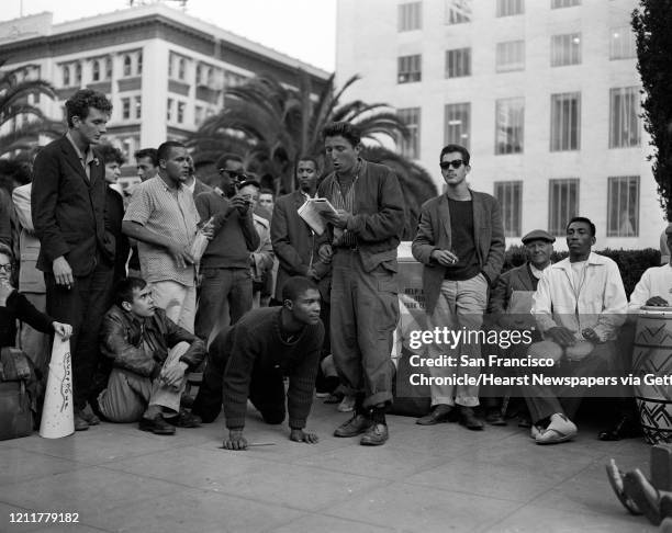 Beatniks go on a tour of San Francisco, visiting the St, Francis Hotel, Union Square and I. Magnin's , August 11, 1958