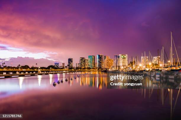 honolulu skyline at sunset - waikiki stock pictures, royalty-free photos & images