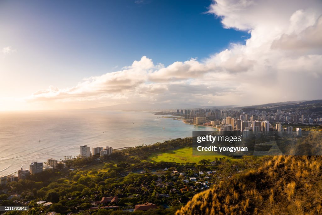 View of Honolulu skyline and Waikiki Beach from Diamond Head