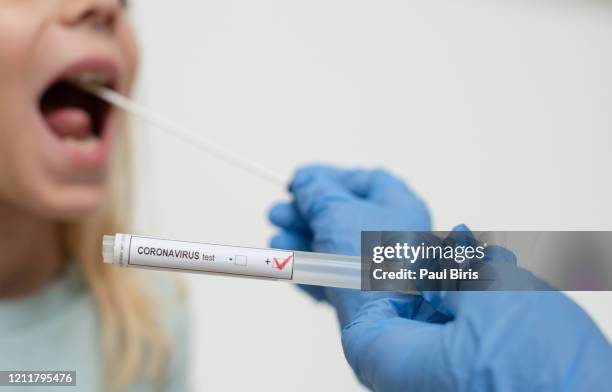 close up of nurses hands holding buccal cotton swab and test tube ready to collect coronarovirus test, covid-19, 2019-ncov analysis - crime or recreational drug or prison or legal trial stock-fotos und bilder