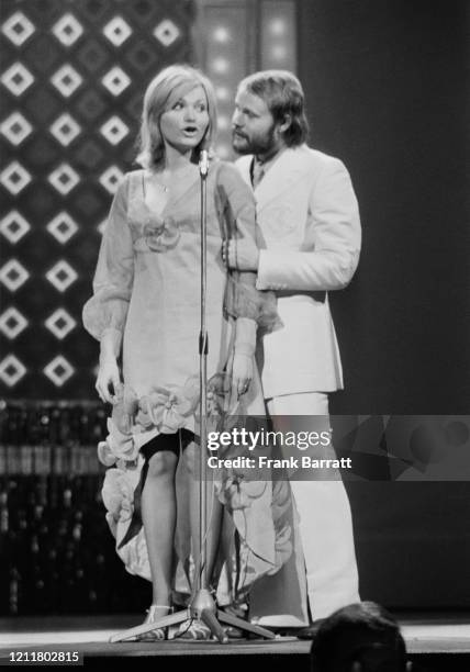 Belgian singing duo Serge & Christine Ghisoland perform song "À la folie ou pas du tout" for Belgium, on stage at the annual Eurovision Song Contest...