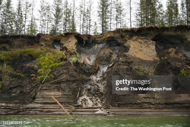 Permafrost, seen at the top of the cliff, melts into the Kolyma River outside of Zyryanka, Russia on July 4, 2019. The river is one of the principal...