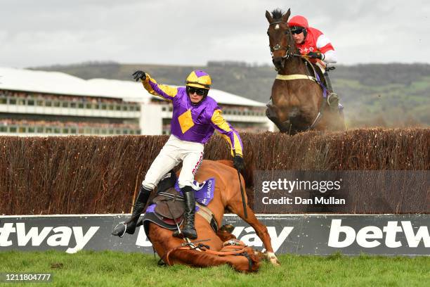 Copperhead ridden by Harry Cobden falls during the RSA Insurance Novices' Chase at Cheltenham Racecourse on March 11, 2020 in Cheltenham, England.