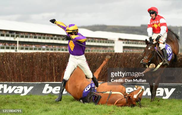 Copperhead ridden by Harry Cobden falls during the RSA Insurance Novices' Chase at Cheltenham Racecourse on March 11, 2020 in Cheltenham, England.